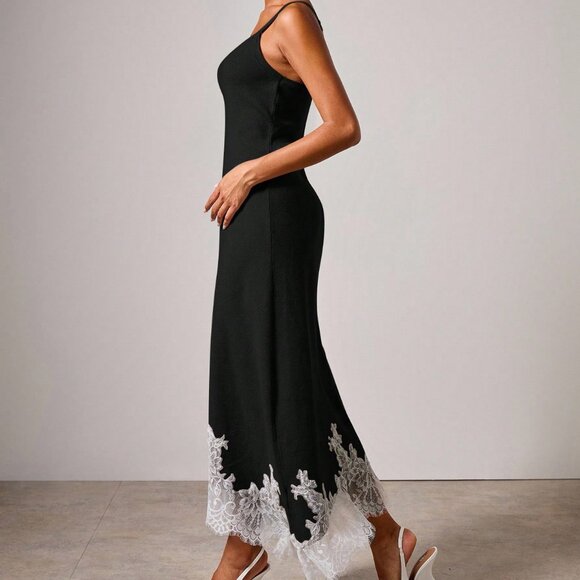 Black Elegant Women's Knit Sweater Lace detailed Dress & Cardigan Set - Picture 3 of 14